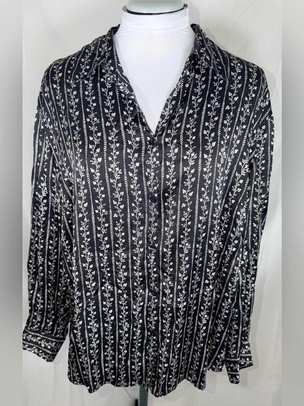 Style & Co Silk button down black with white floral pattern